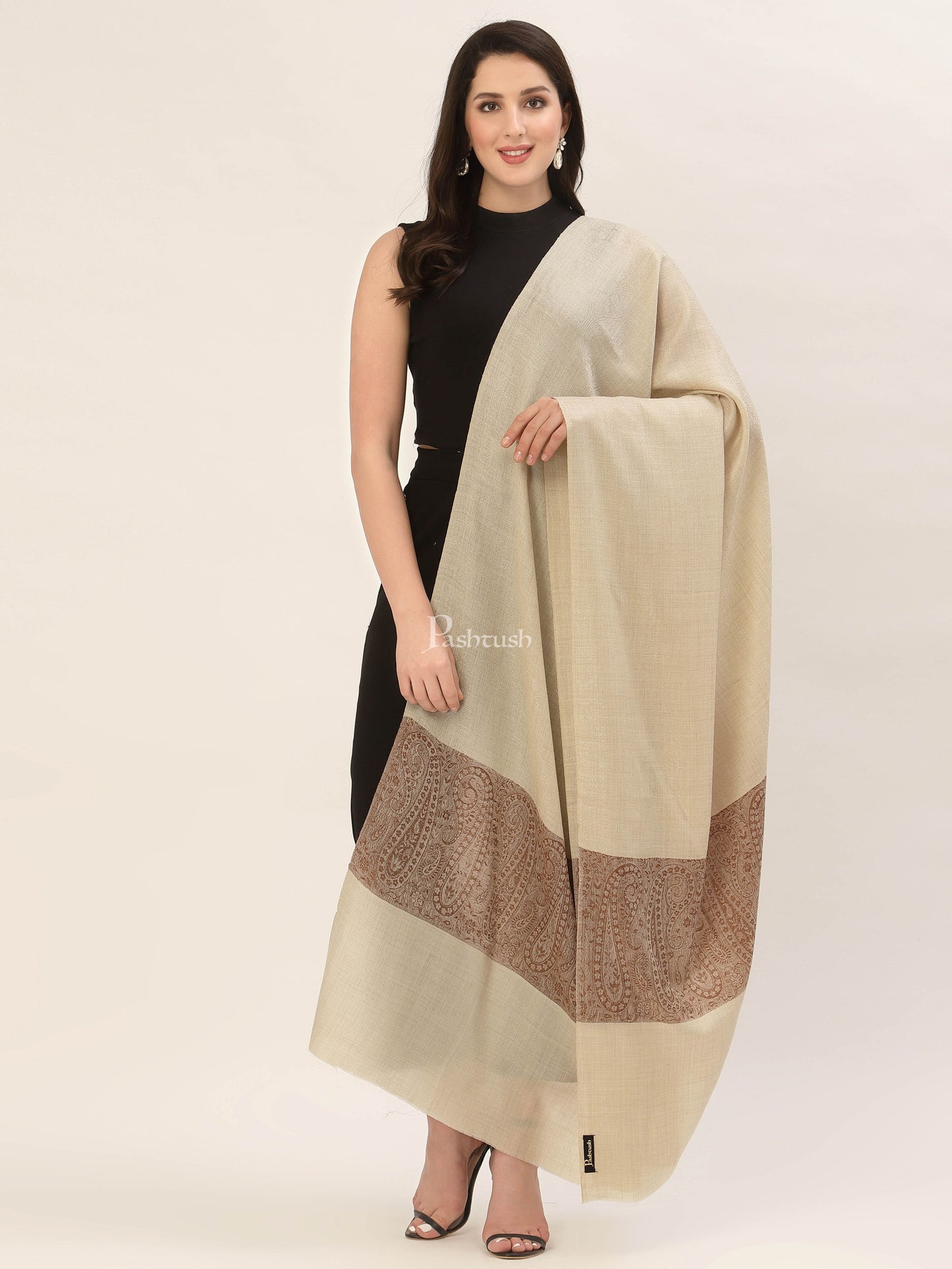 Pashtush India Womens Shawls Pashtush Womens Woven Extra Fine Wool Shawl With Paiseley Weave