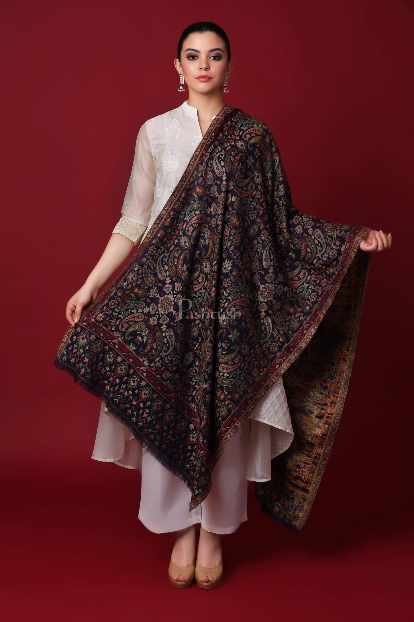 Pashtush India 100x200 Pashtush Womens Woven Kaani Shawl, Woollen, Faux Pashmina Shawl, Navy Blue