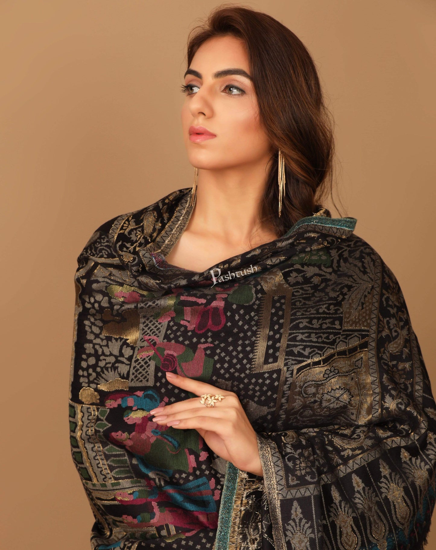 Pashtush India 100x200 Pashtush Womens, Woven Mughal Darbar Shawl, with Golden Zari Weave