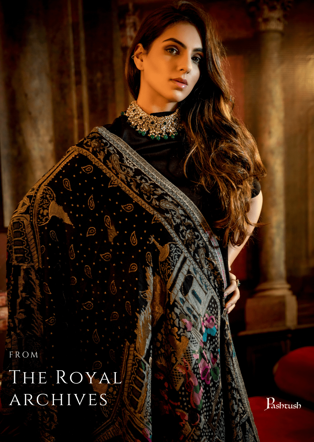Pashtush India 100x200 Pashtush Womens, Woven Mughal Darbar Shawl, with Golden Zari Weave