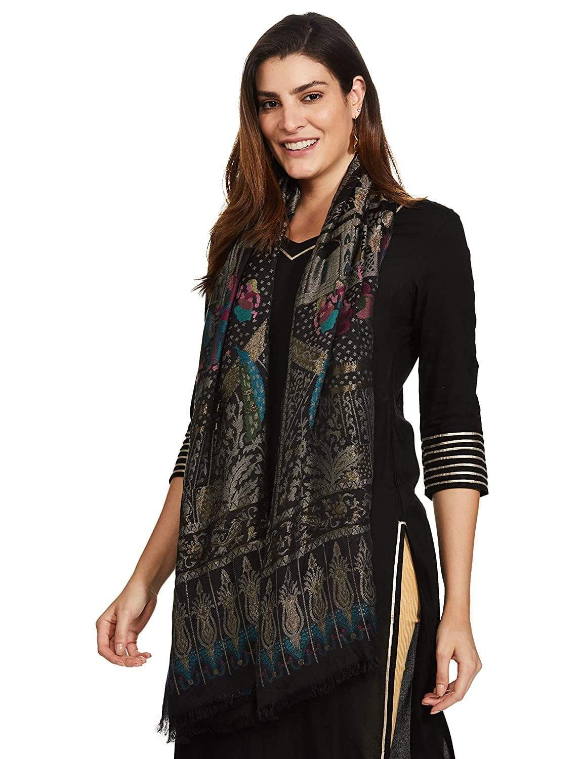 Pashtush India 100x200 Pashtush Womens, Woven Mughal Darbar Shawl, with Golden Zari Weave