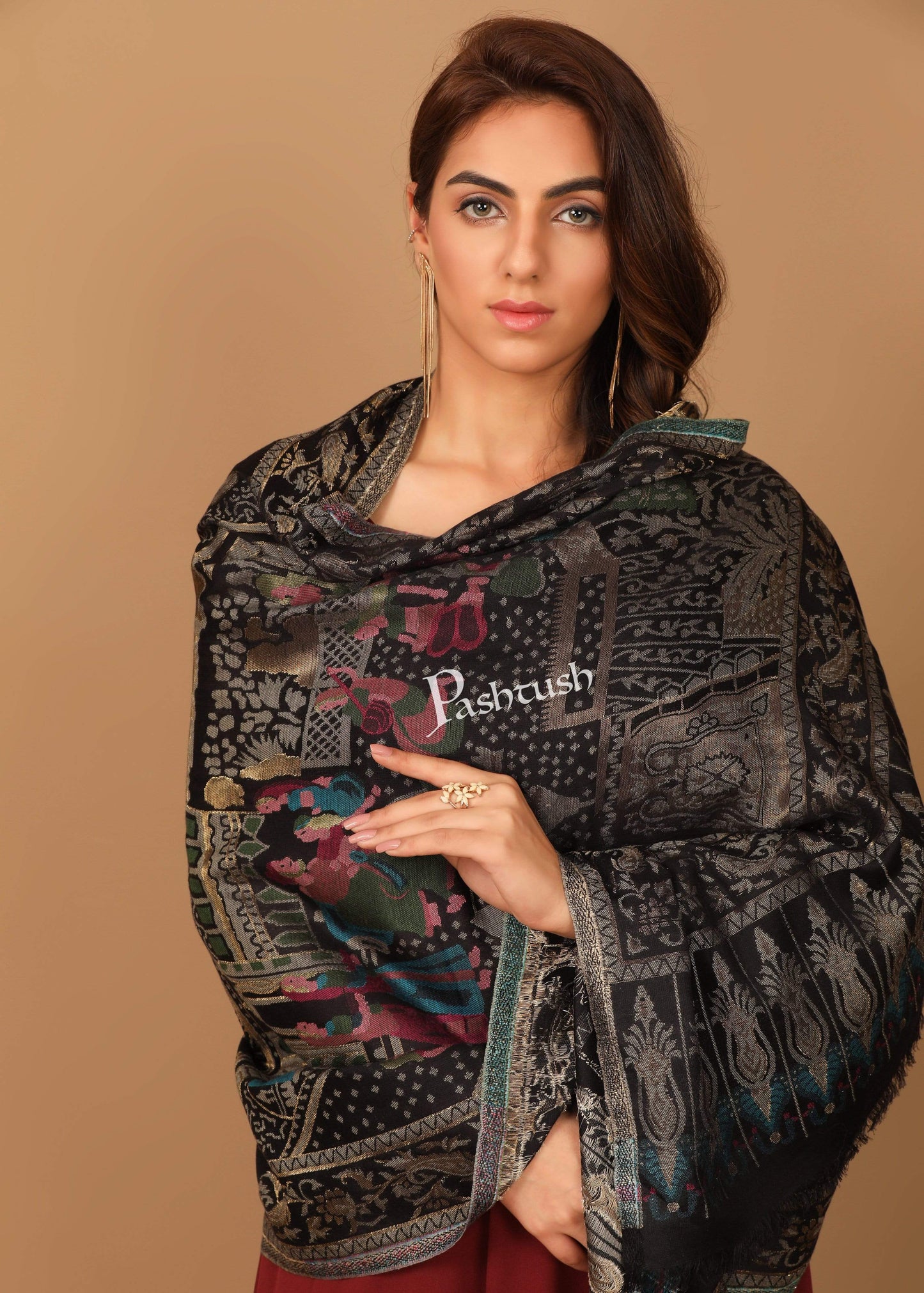 Pashtush India 100x200 Pashtush Womens, Woven Mughal Darbar Shawl, with Golden Zari Weave