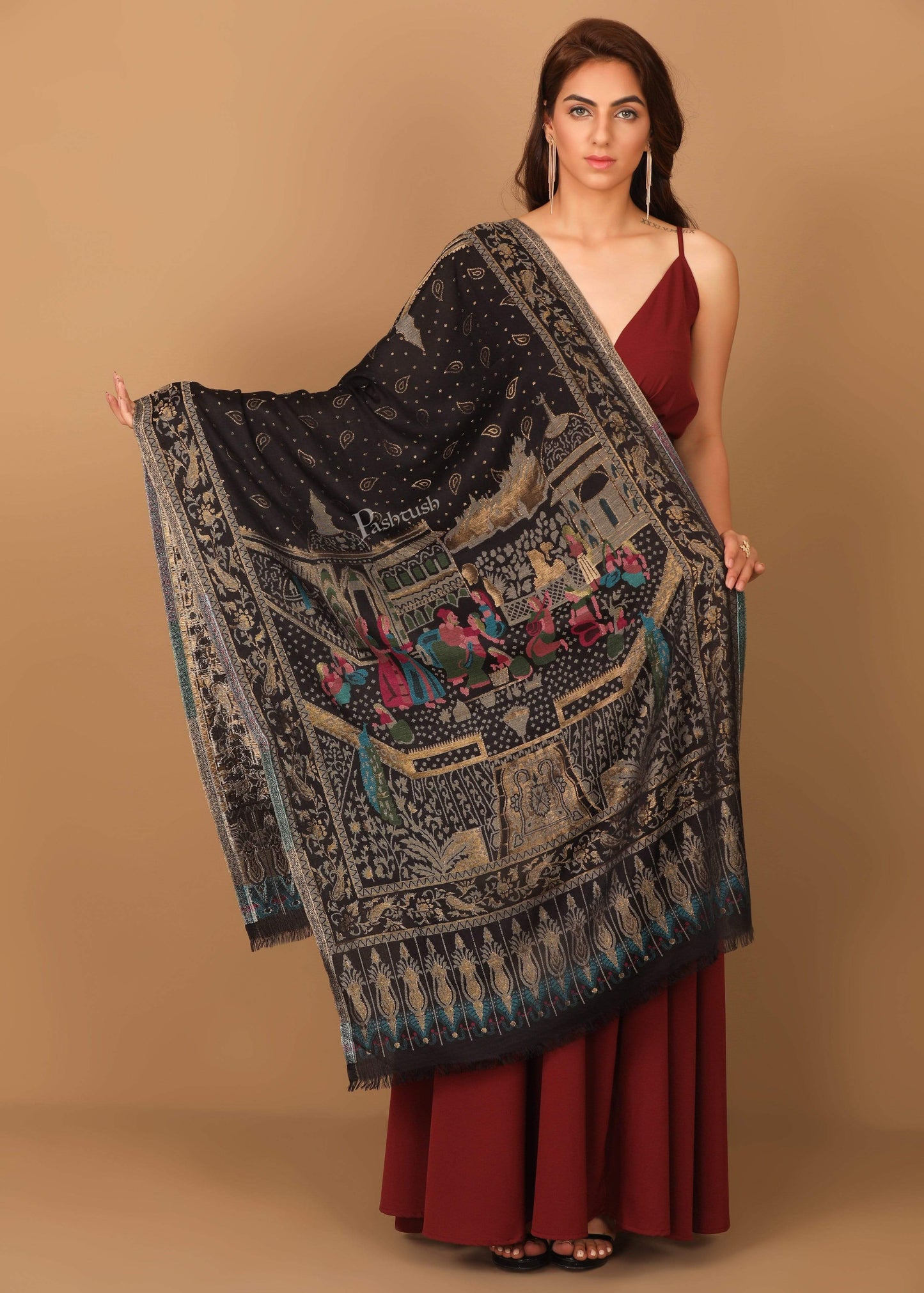 Pashtush India 100x200 Pashtush Womens, Woven Mughal Darbar Shawl, with Golden Zari Weave