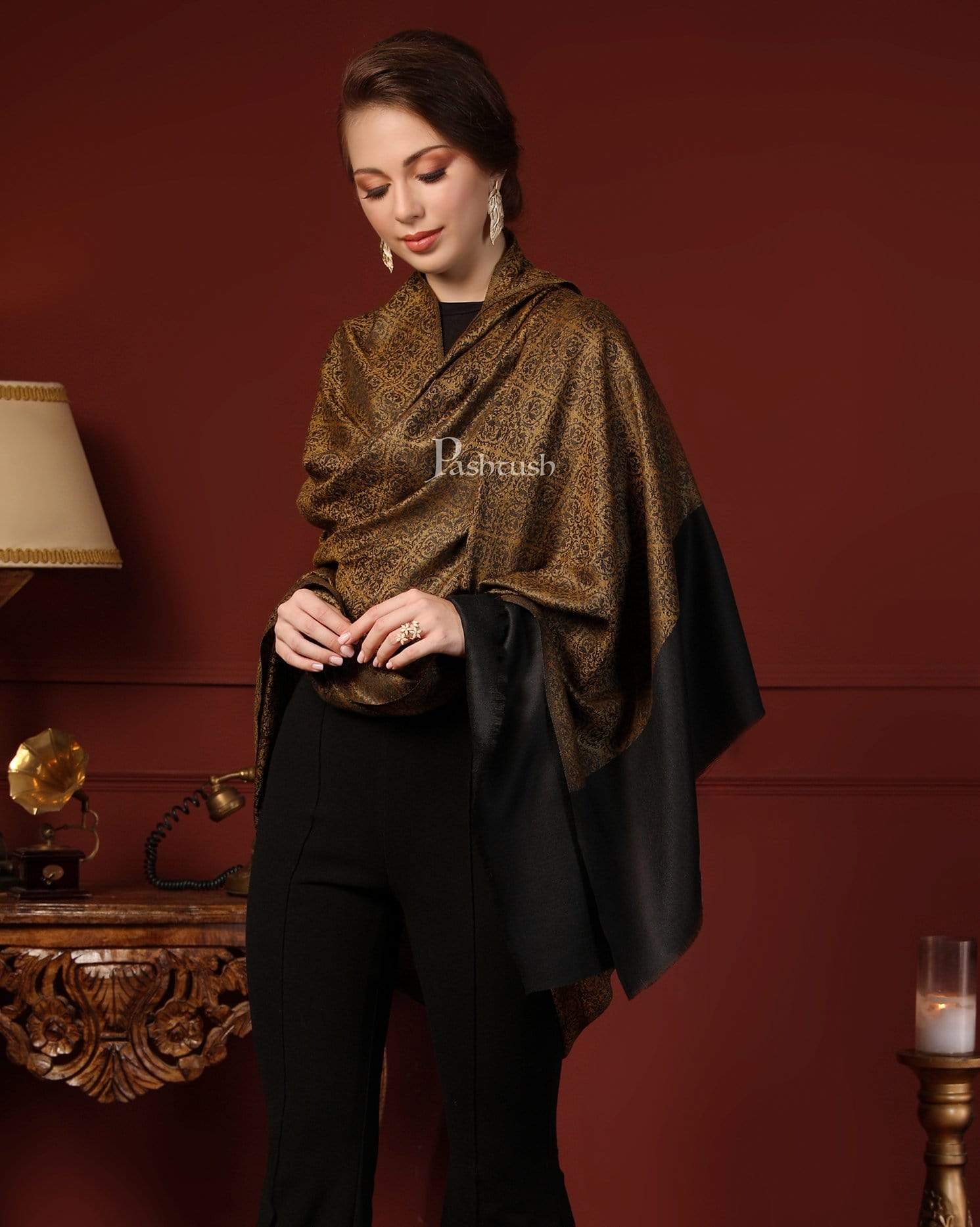 Pashtush India 100x200 Pashtush Womens Woven Paisley, Self Shawl, In Extra Soft Fine Wool, Large Wrap Size