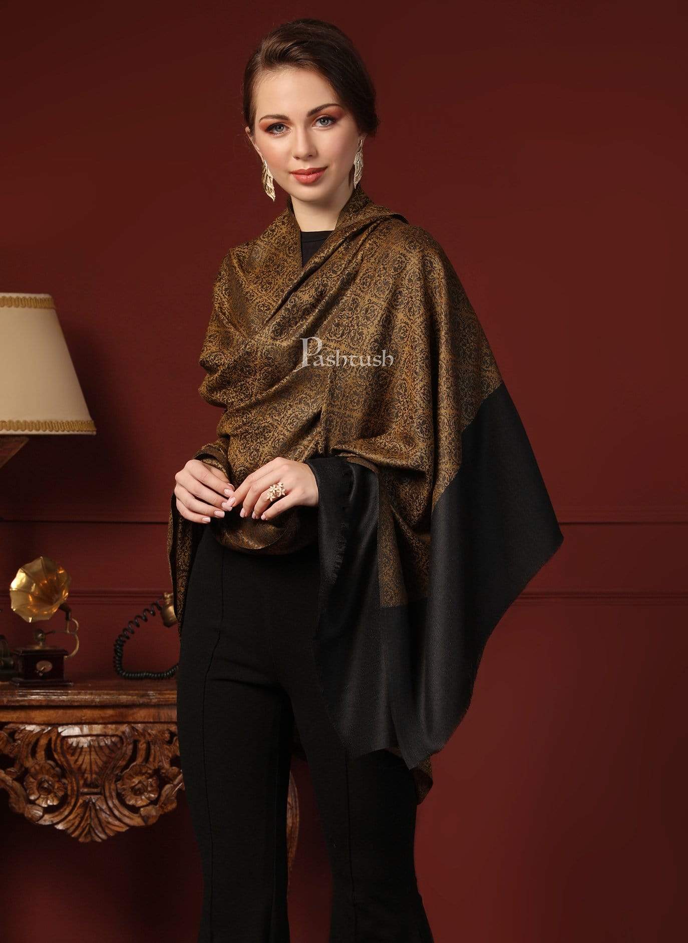 Pashtush India 100x200 Pashtush Womens Woven Paisley, Self Shawl, In Extra Soft Fine Wool, Large Wrap Size