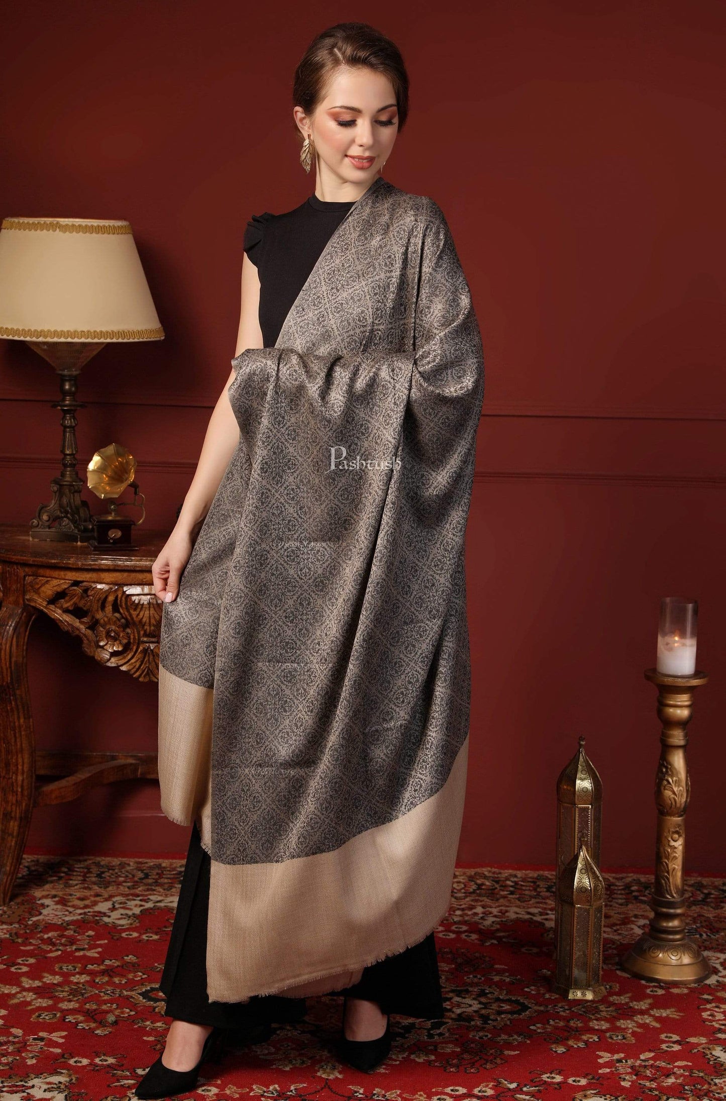 Pashtush India 100x200 Pashtush Womens Woven Paisley, Self Shawl, In Extra Soft Fine Wool, Large Wrap Size