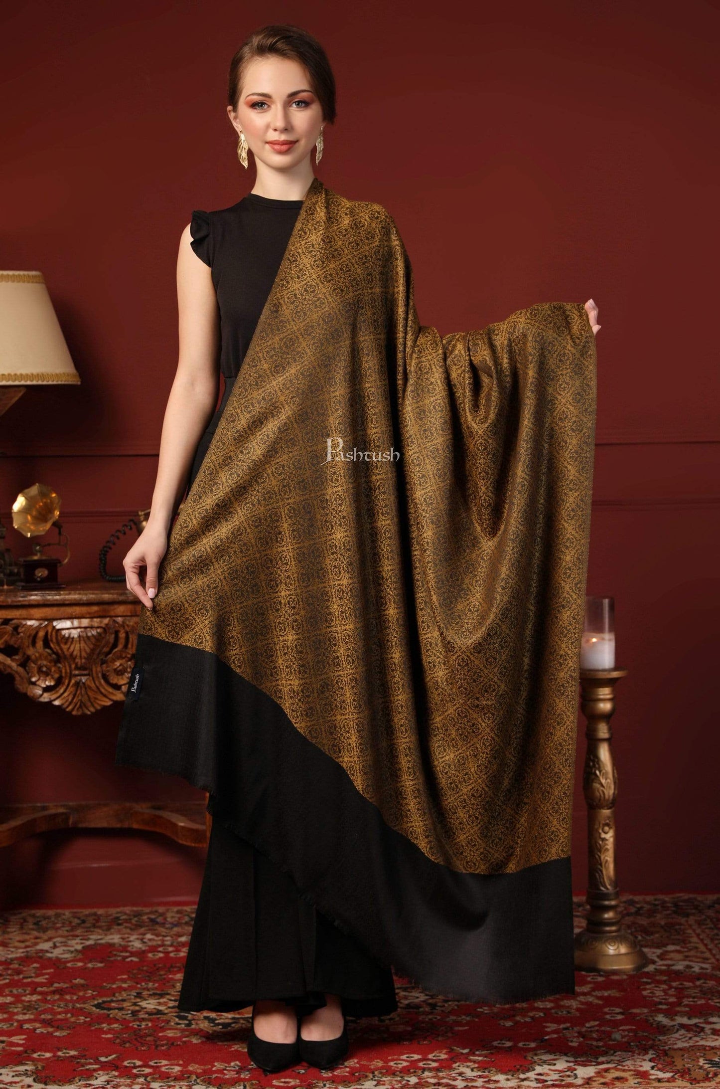 Pashtush India 100x200 Pashtush Womens Woven Paisley, Self Shawl, In Extra Soft Fine Wool, Large Wrap Size