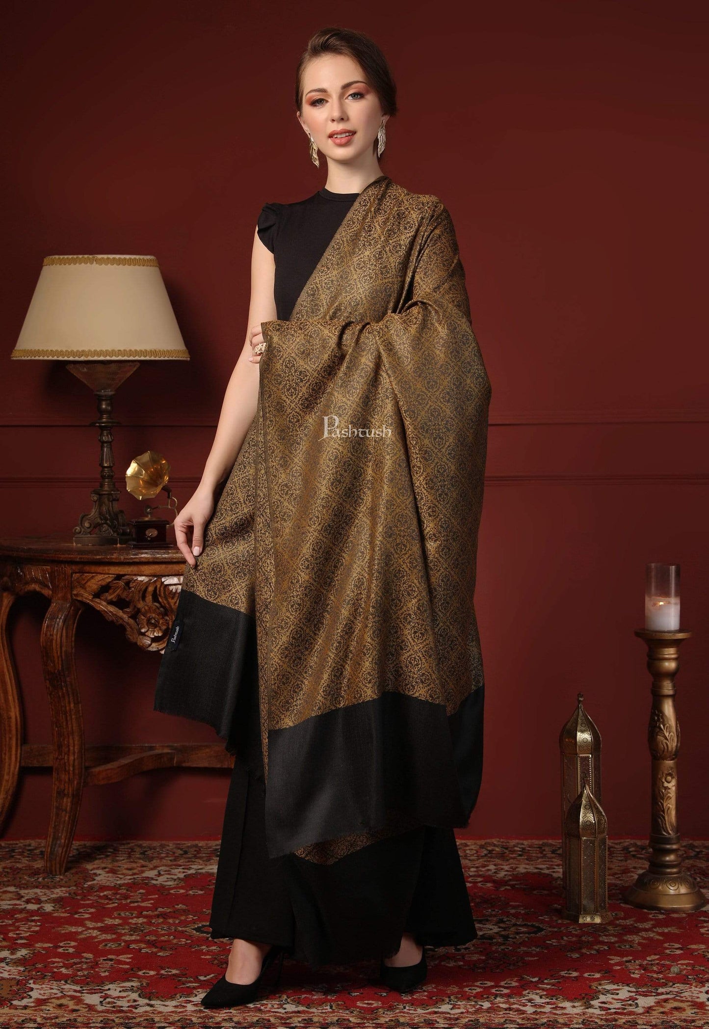 Pashtush India 100x200 Pashtush Womens Woven Paisley, Self Shawl, In Extra Soft Fine Wool, Large Wrap Size
