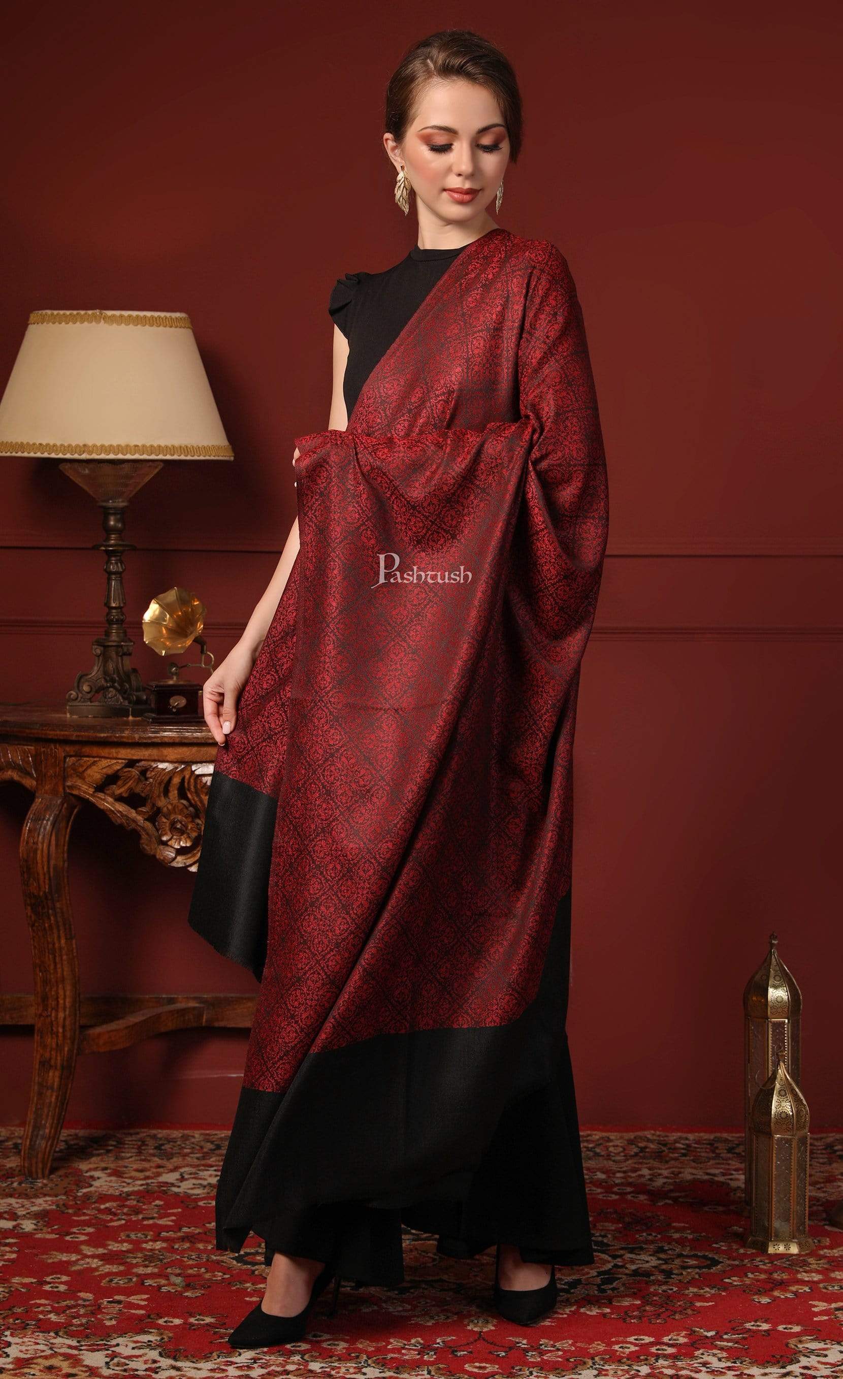 Pashtush India 100x200 Pashtush Womens Woven Paisley, Self Shawl, In Extra Soft Fine Wool, Large Wrap Size