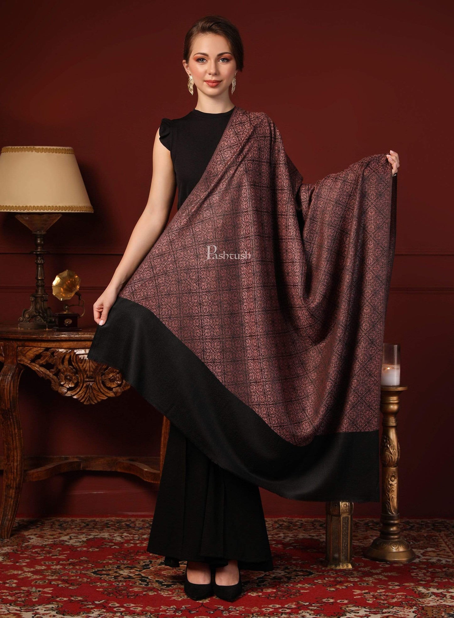 Pashtush India 100x200 Pashtush Womens Woven Paisley, Self Shawl, In Extra Soft Fine Wool, Large Wrap Size