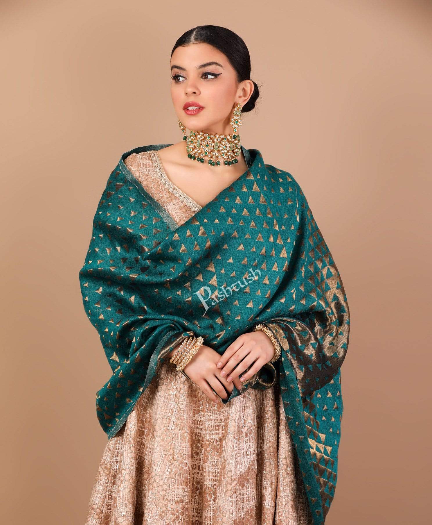 Pashtush Shawl Store Stole Pashtush Womens Zari Weave Stole, Scarf, Arabic Blue and Gold