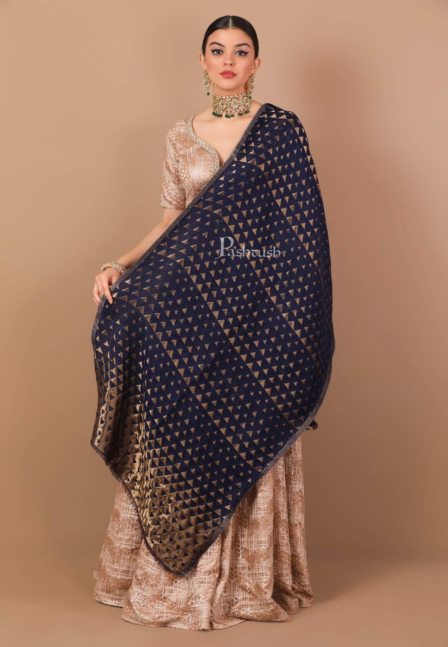 Pashtush Shawl Store Stole Pashtush Womens Zari Weave Stole, Scarf, Dark Blue and Golden