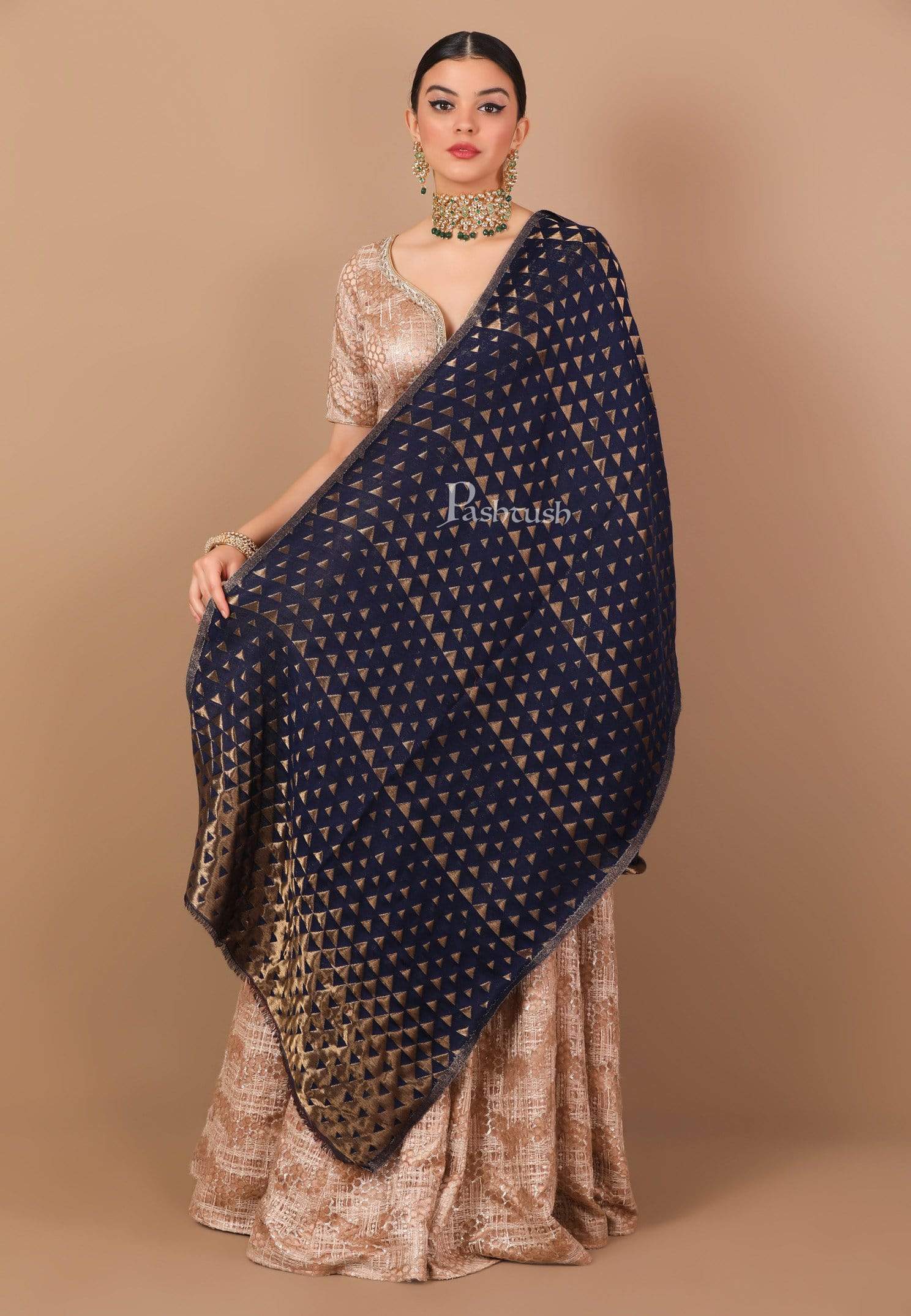 Pashtush Shawl Store Stole Pashtush Womens Zari Weave Stole, Scarf, Dark Blue and Golden