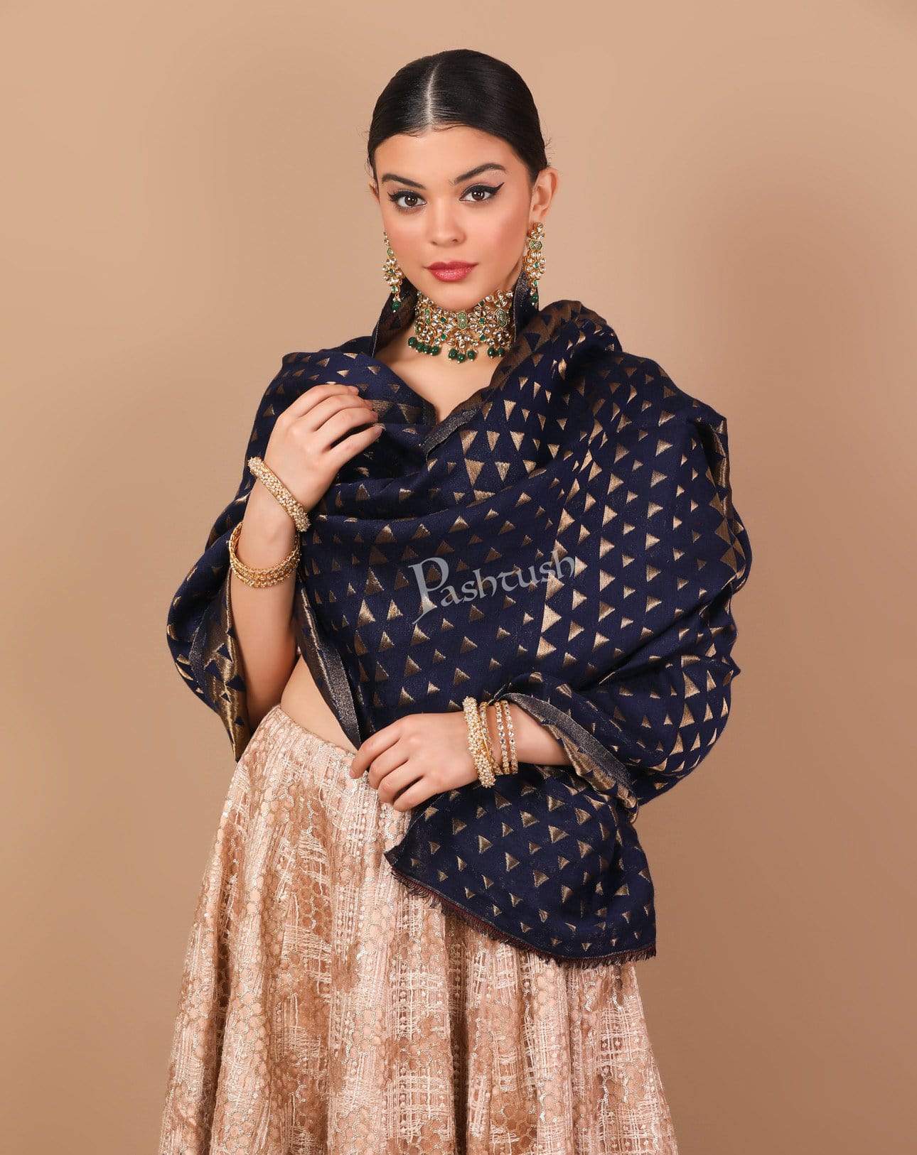 Pashtush Shawl Store Stole Pashtush Womens Zari Weave Stole, Scarf, Dark Blue and Golden
