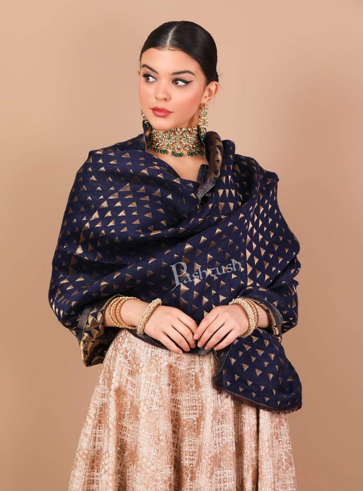 Pashtush Shawl Store Stole Pashtush Womens Zari Weave Stole, Scarf, Dark Blue and Golden