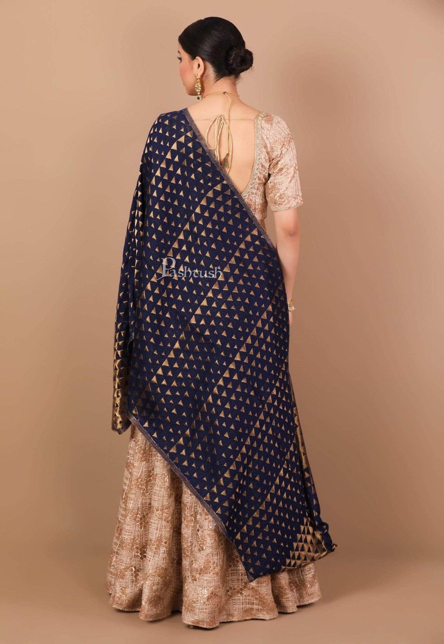 Pashtush Shawl Store Stole Pashtush Womens Zari Weave Stole, Scarf, Dark Blue and Golden