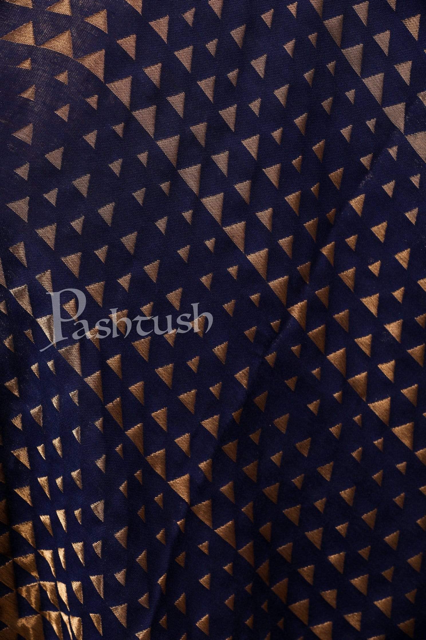 Pashtush Shawl Store Stole Pashtush Womens Zari Weave Stole, Scarf, Dark Blue and Golden