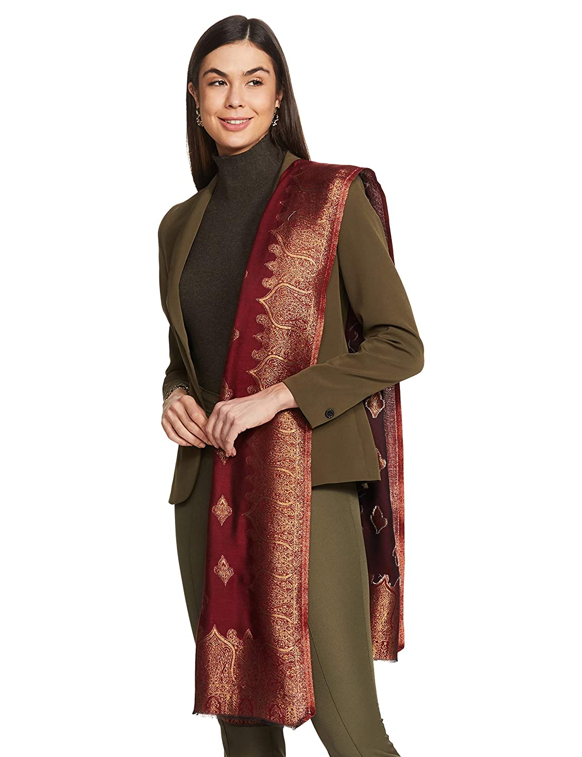 Pashtush India 70x200 Pashtush Womens Zari Weave Stole, Scarf, Maroon
