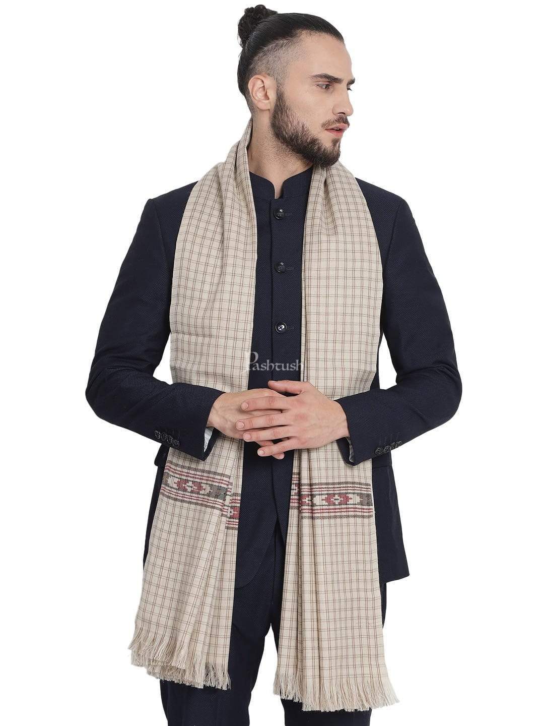 Pashtush India 127x254 Pashtush Woven Aztec Design Mens Full Size Shawl In Extra Fine Wool - Taupe