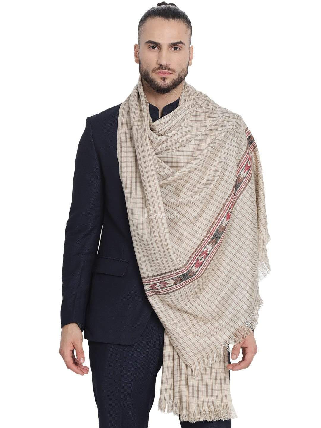 Pashtush India 127x254 Pashtush Woven Aztec Design Mens Full Size Shawl In Extra Fine Wool - Taupe