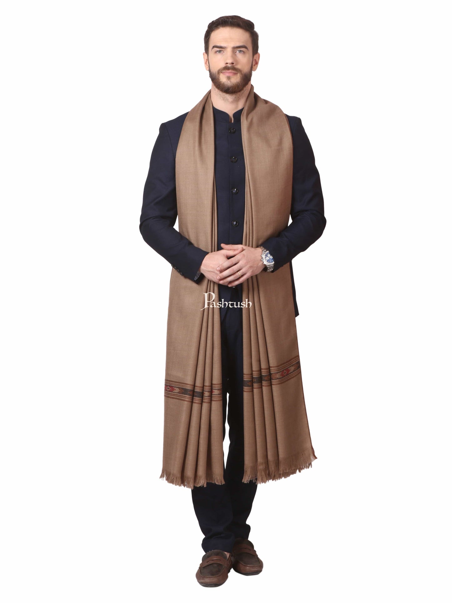 Pashtush India Mens Shawls Gents Shawl Pashtush Woven Aztec Design Mens Shawl (Lambs Wool) Beige