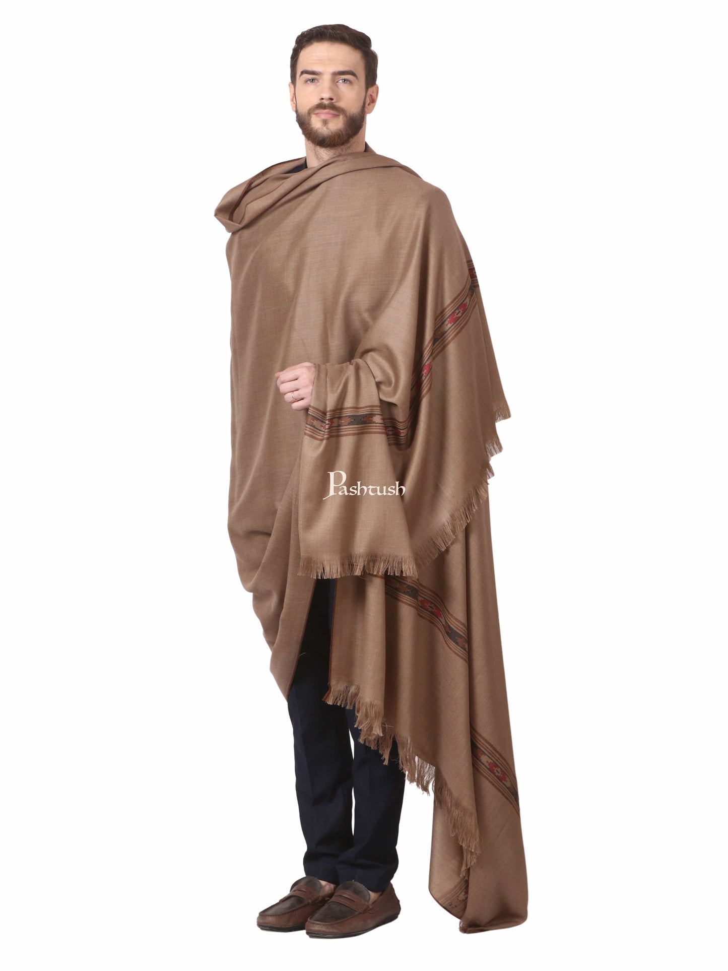 Pashtush India Mens Shawls Gents Shawl Pashtush Woven Aztec Design Mens Shawl (Lambs Wool) Beige