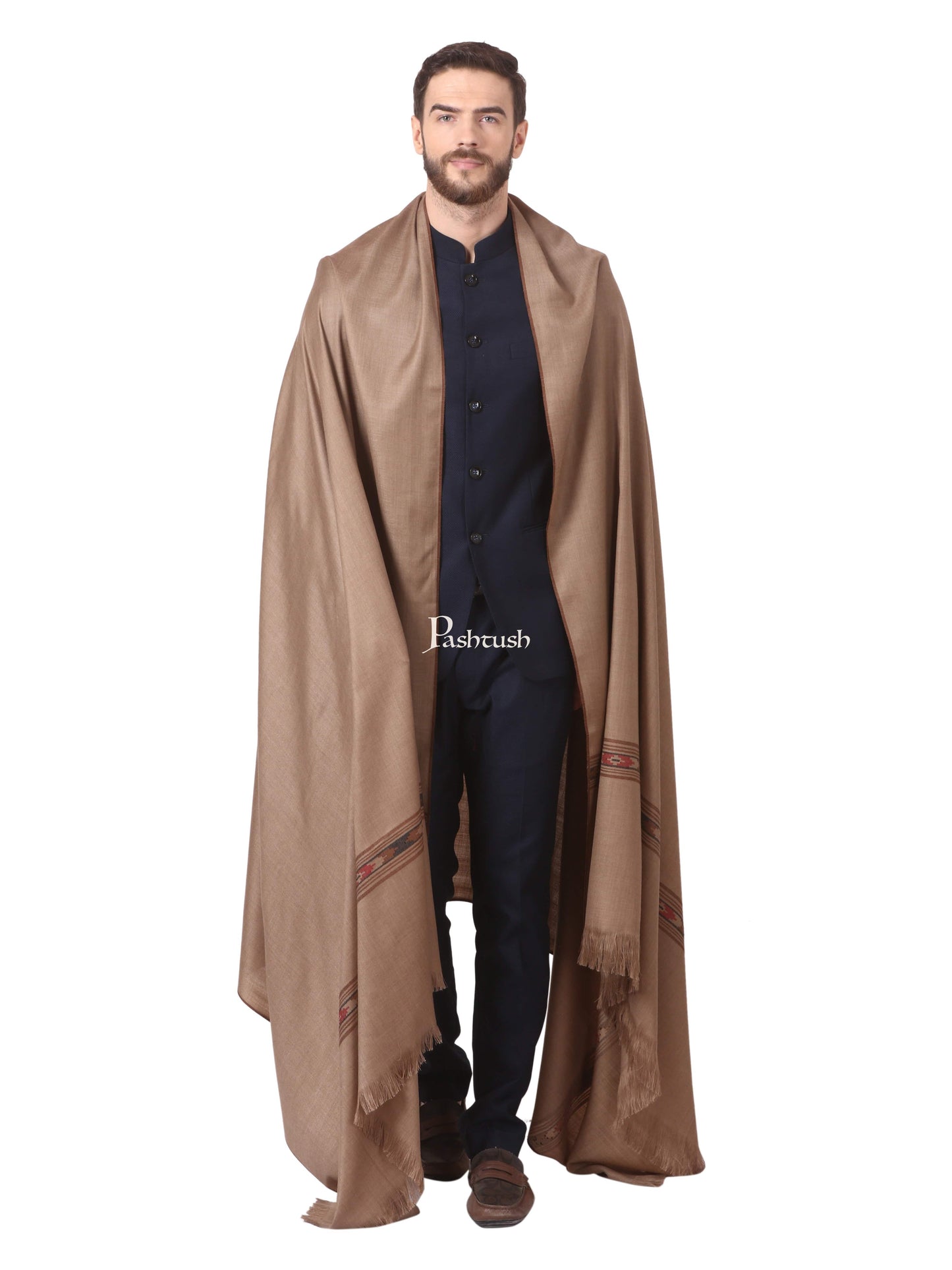 Pashtush India Mens Shawls Gents Shawl Pashtush Woven Aztec Design Mens Shawl (Lambs Wool) Beige