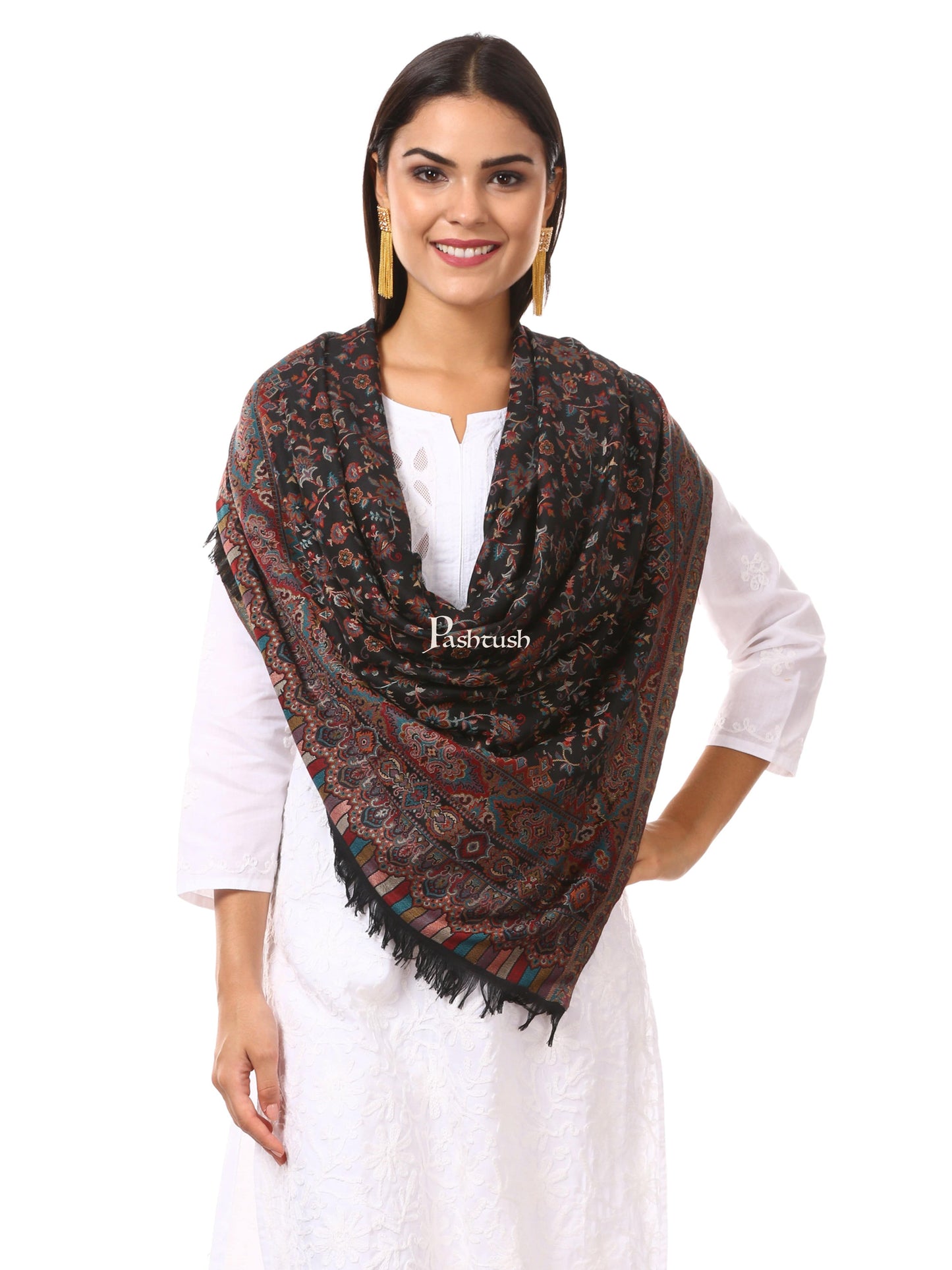 Pashtush India Womens Shawls Pashtush Woven Ethnic Shawl, Faux Pashmina Shawl, Soft And Warm (Black)