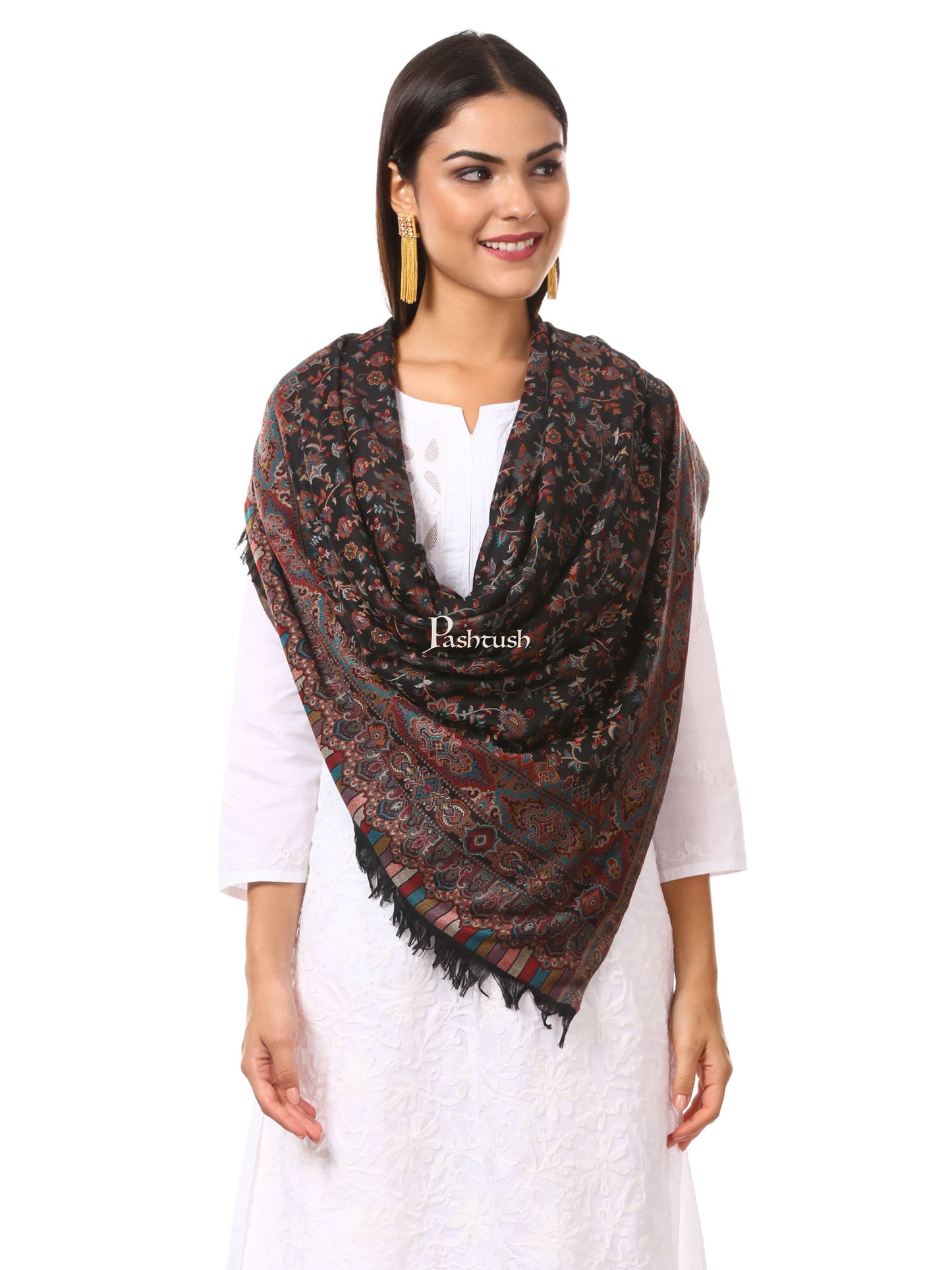 Pashtush India Womens Shawls Pashtush Woven Ethnic Shawl, Faux Pashmina Shawl, Soft And Warm (Black)