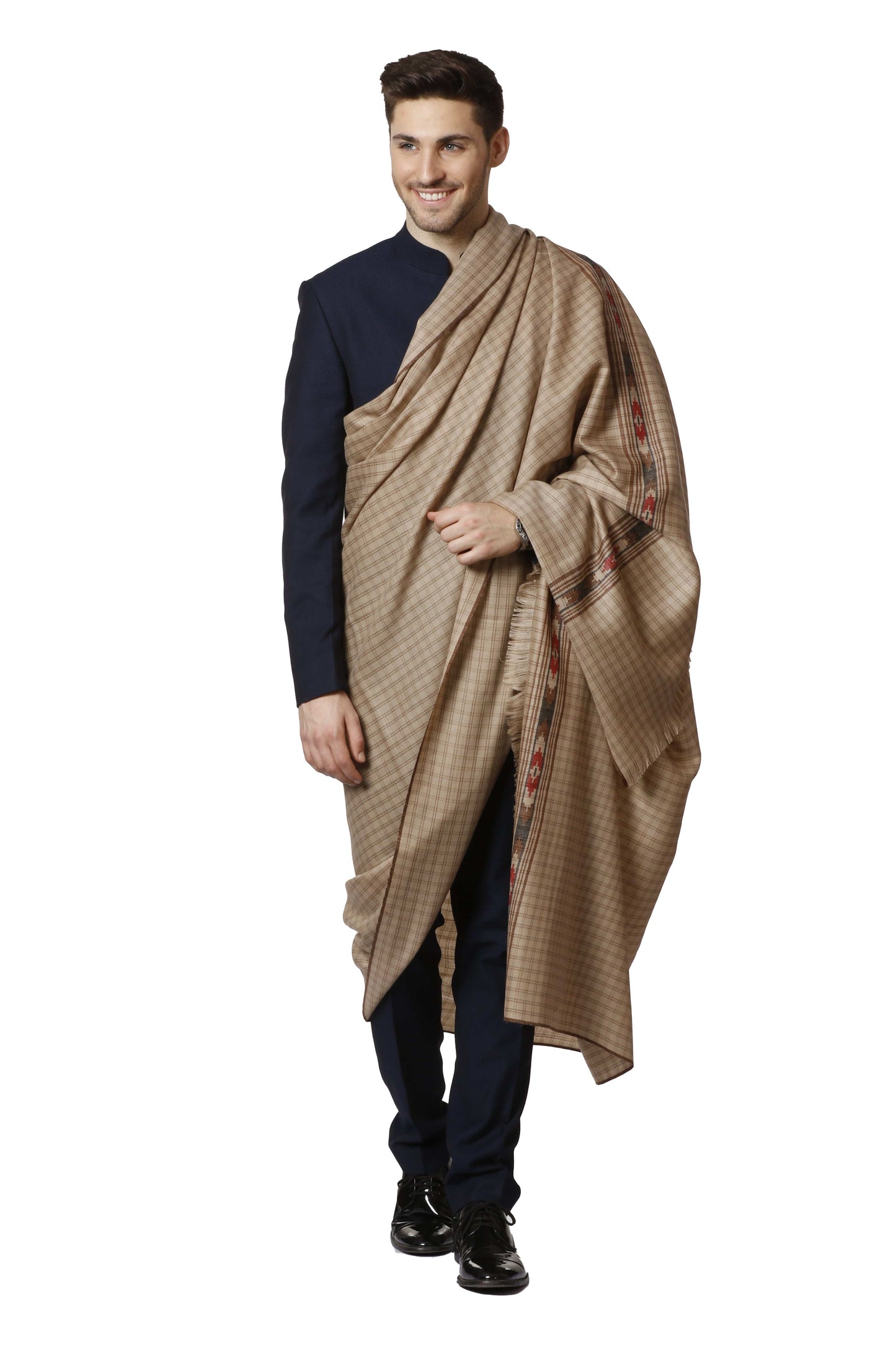 Pashtush India 127x254 Pashtush Woven Kullu Design Mens Full Size Shawl In Extra Fine Wool - Taupe