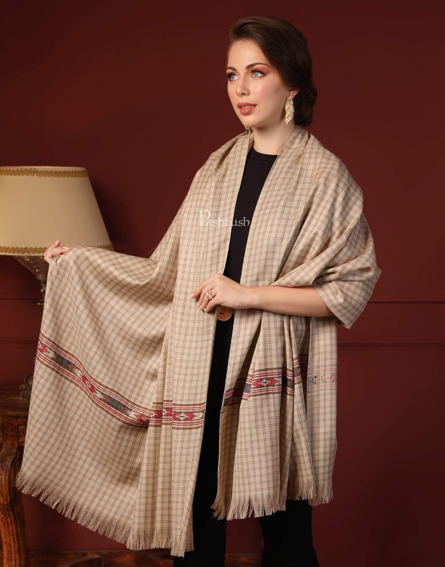 Pashtush India 127x254 Pashtush Woven Kullu Design Women's Full Size Shawl In Extra Fine Wool - Taupe