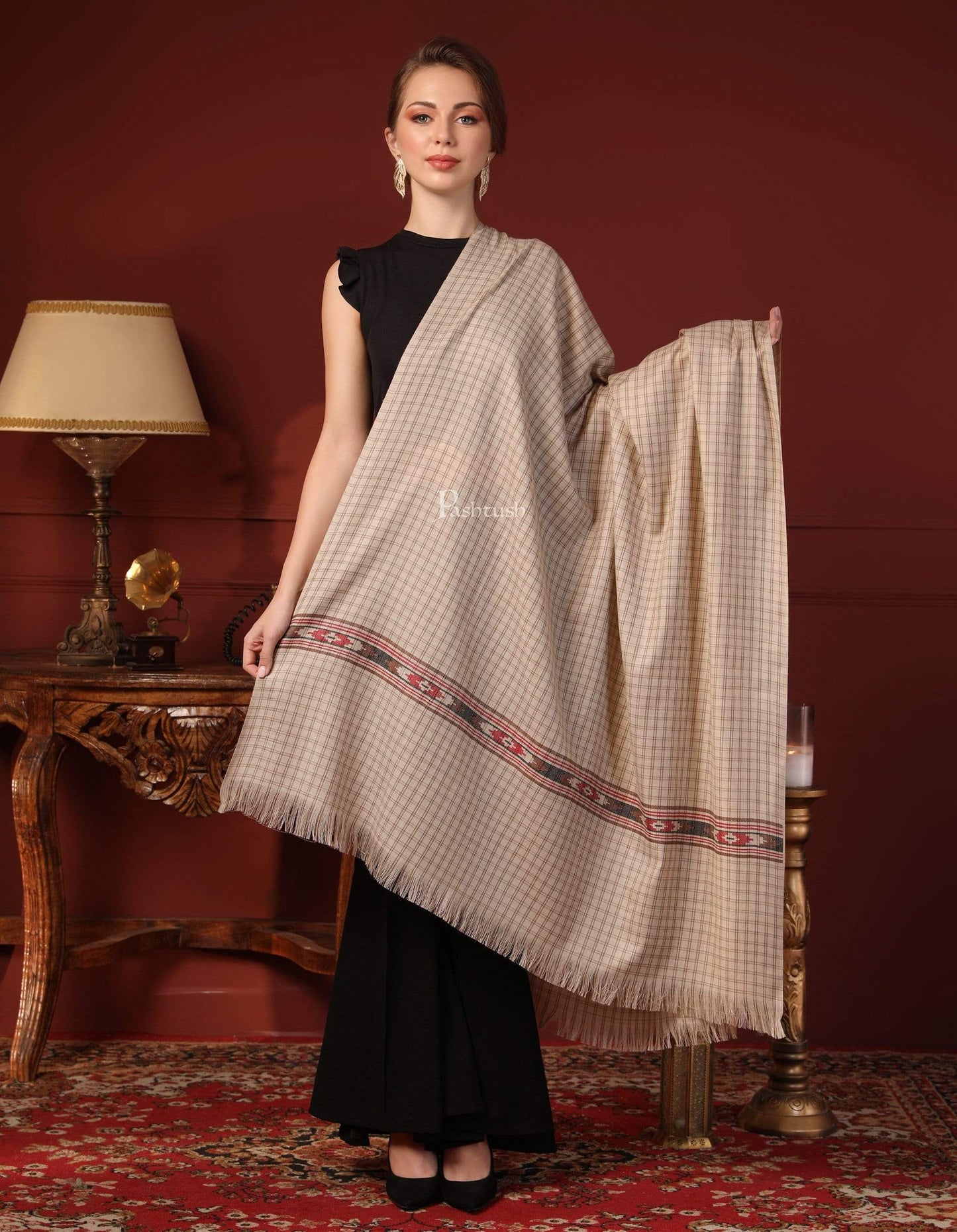 Pashtush India 127x254 Pashtush Woven Kullu Design Women's Full Size Shawl In Extra Fine Wool - Taupe