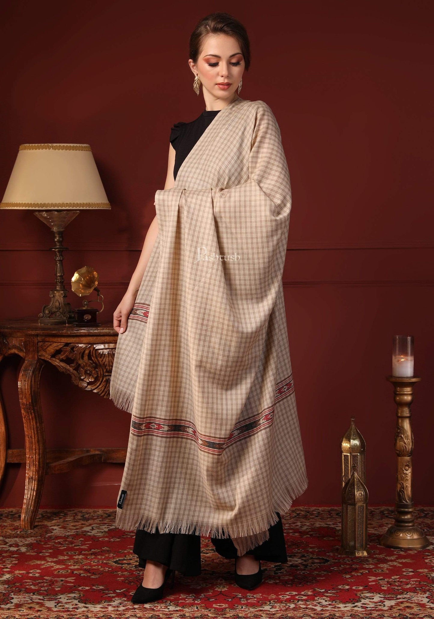 Pashtush India 127x254 Pashtush Woven Kullu Design Women's Full Size Shawl In Extra Fine Wool - Taupe