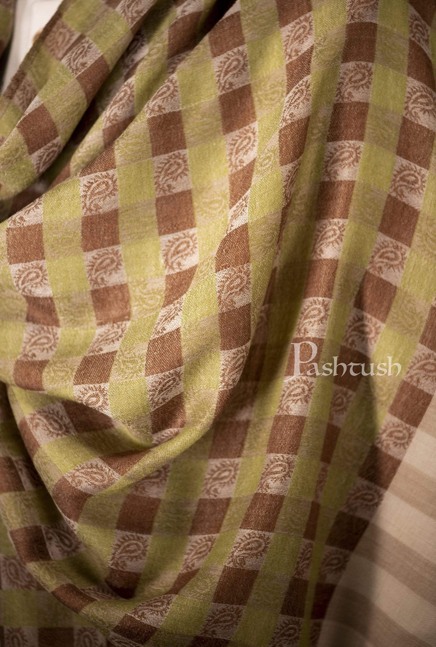 Pashtush India 70x200 Pashtush Woven Mens Checkered Scarf, Fine Wool Muffler, Soft and Light, Beige and Sea Green