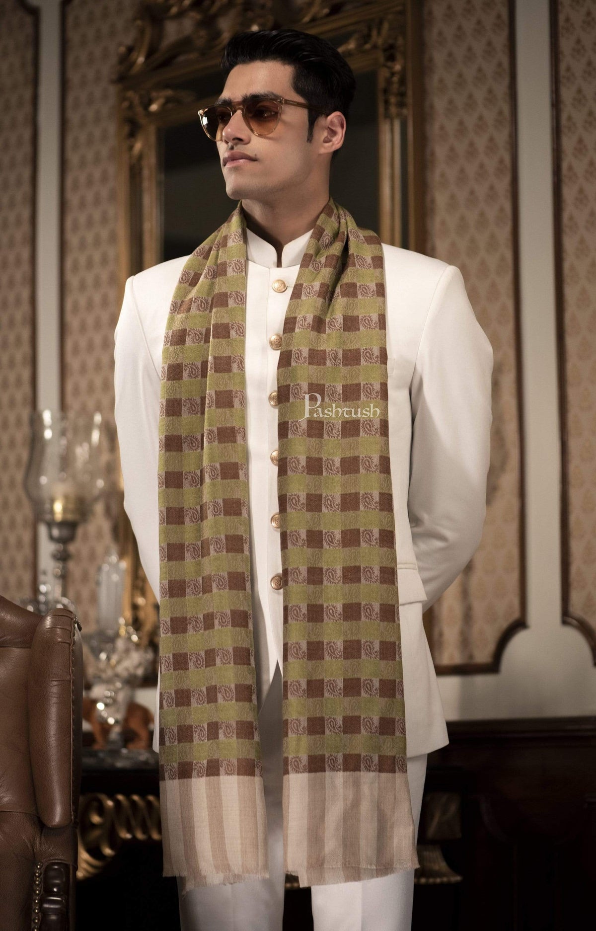 Pashtush India 70x200 Pashtush Woven Mens Checkered Scarf, Fine Wool Muffler, Soft and Light, Beige and Sea Green