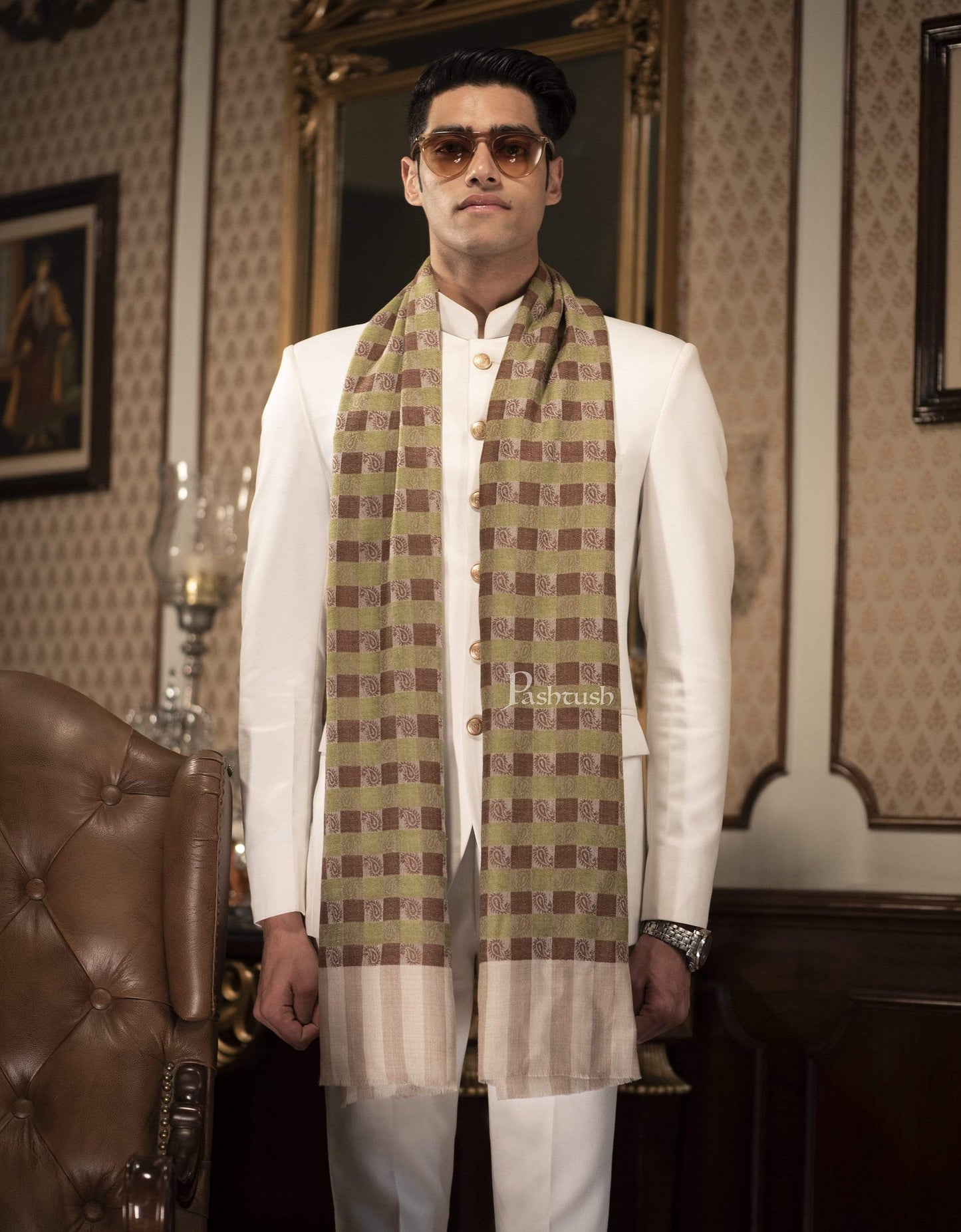 Pashtush India 70x200 Pashtush Woven Mens Checkered Scarf, Fine Wool Muffler, Soft and Light, Beige and Sea Green
