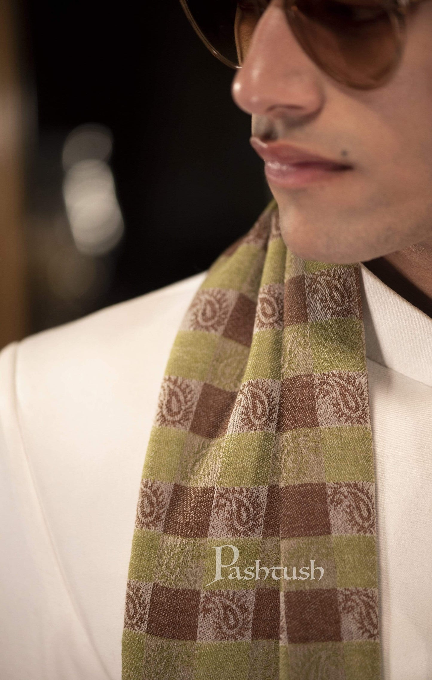 Pashtush India 70x200 Pashtush Woven Mens Checkered Scarf, Fine Wool Muffler, Soft and Light, Beige and Sea Green