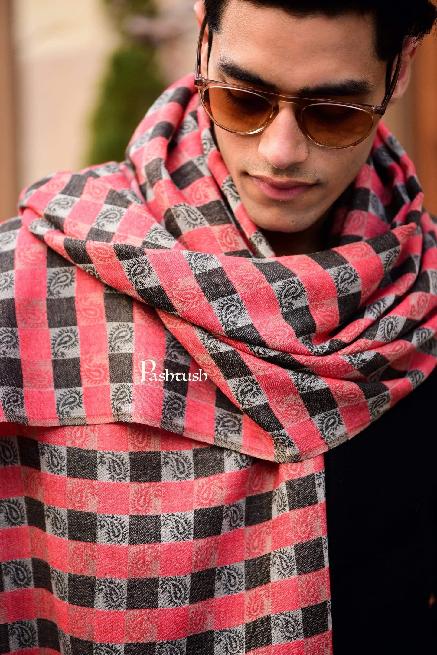 Pashtush India 70x200 Pashtush Woven Mens Checkered Scarf, Fine Wool Muffler, Soft and Light Weight