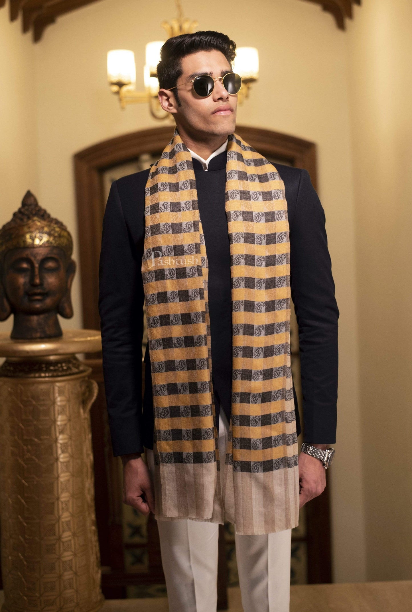 Pashtush India 70x200 Pashtush Woven Mens Checkered Scarf, Fine Wool Muffler, Soft and Light Weight