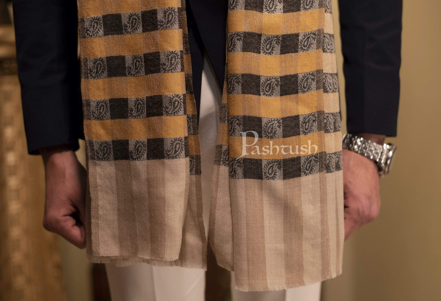 Pashtush India 70x200 Pashtush Woven Mens Checkered Scarf, Fine Wool Muffler, Soft and Light Weight