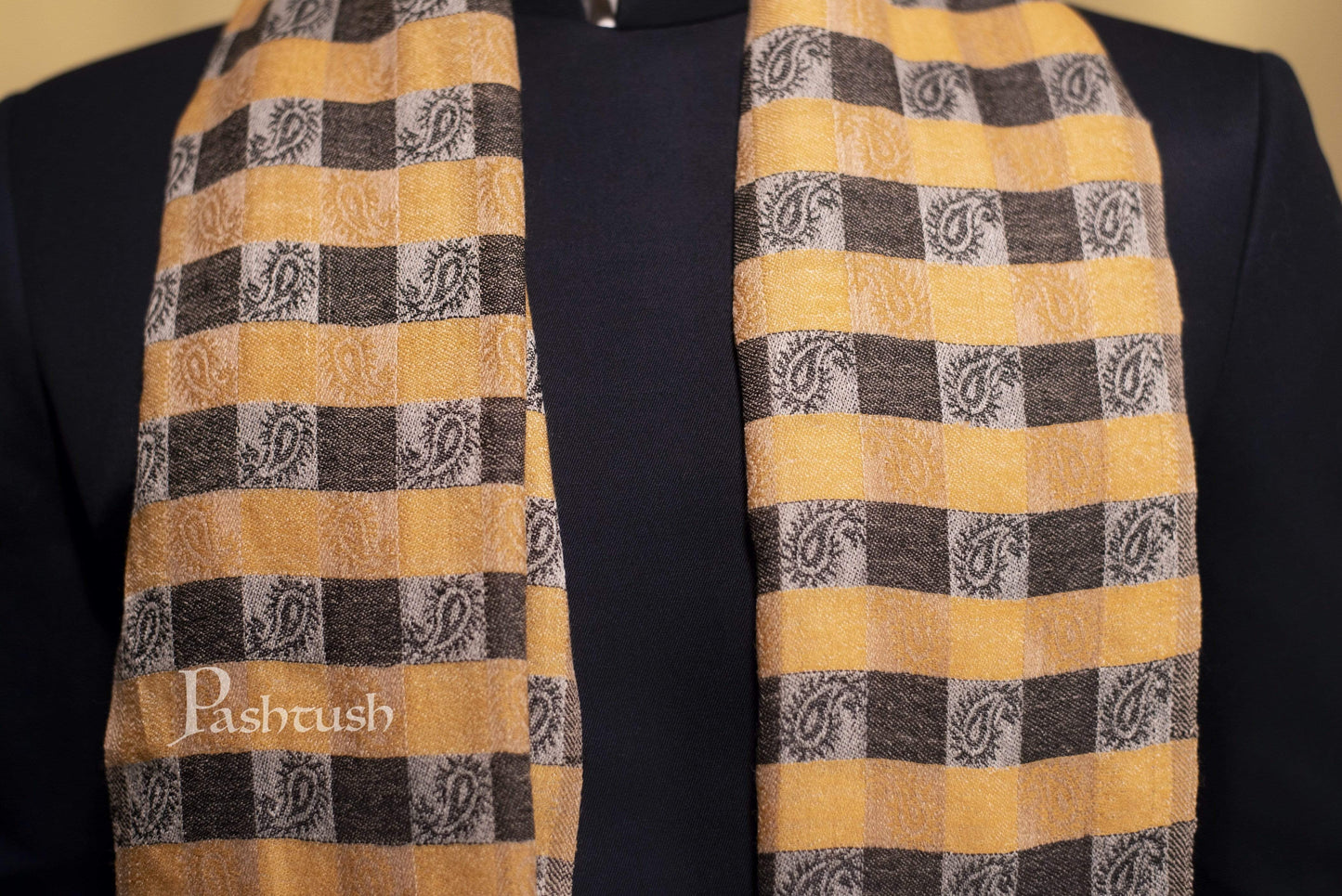 Pashtush India 70x200 Pashtush Woven Mens Checkered Scarf, Fine Wool Muffler, Soft and Light Weight