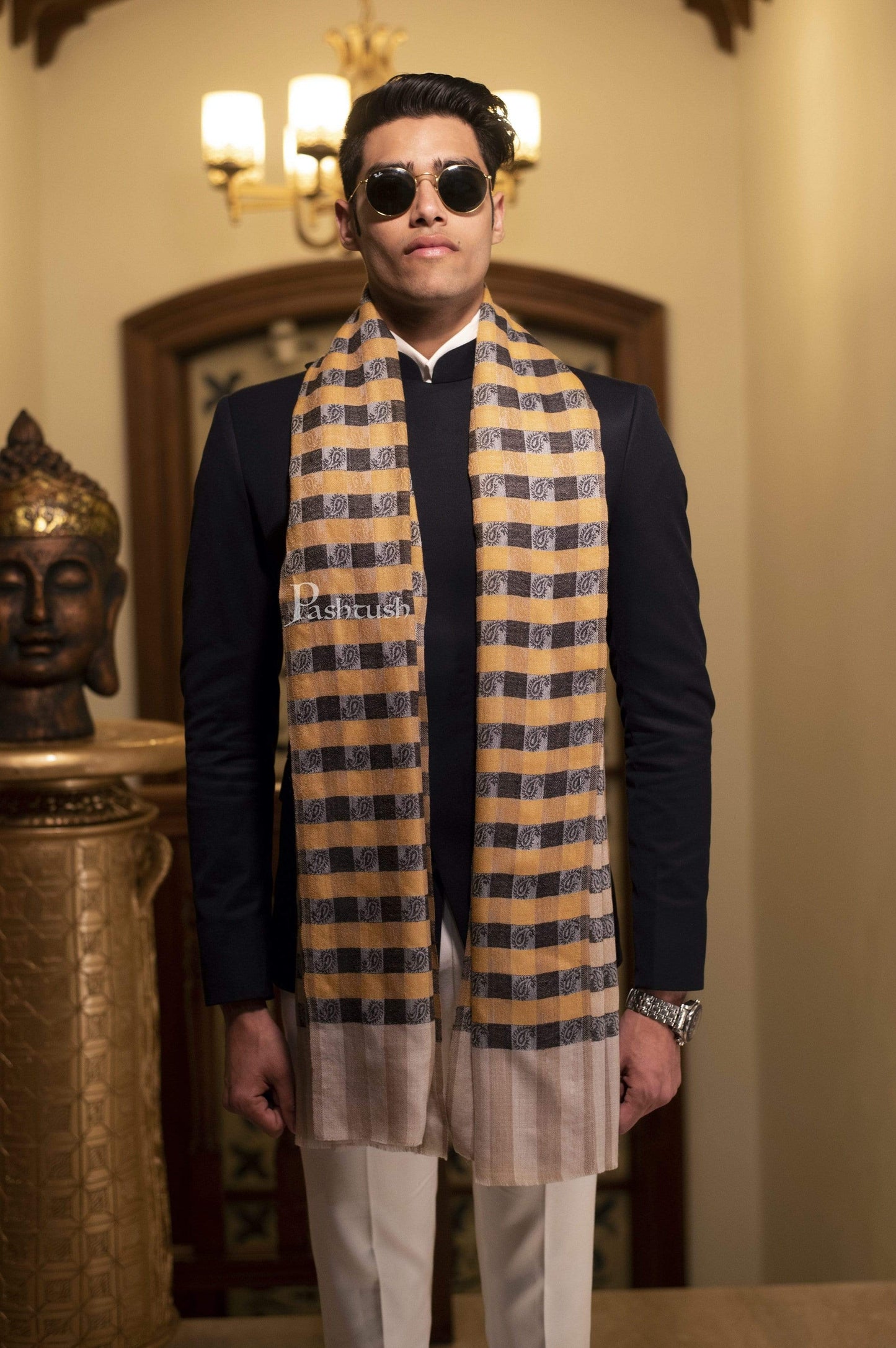 Pashtush India 70x200 Pashtush Woven Mens Checkered Scarf, Fine Wool Muffler, Soft and Light Weight