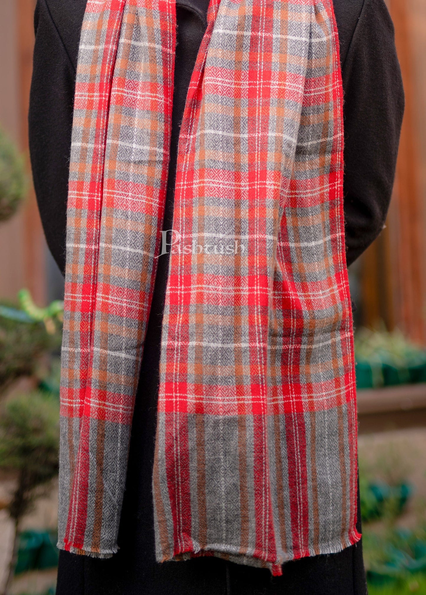 Pashtush India Mens Scarves Stoles and Mufflers Pashtush Woven Mens Fine Wool Stole, Check-Stipe Design, Red and Grey