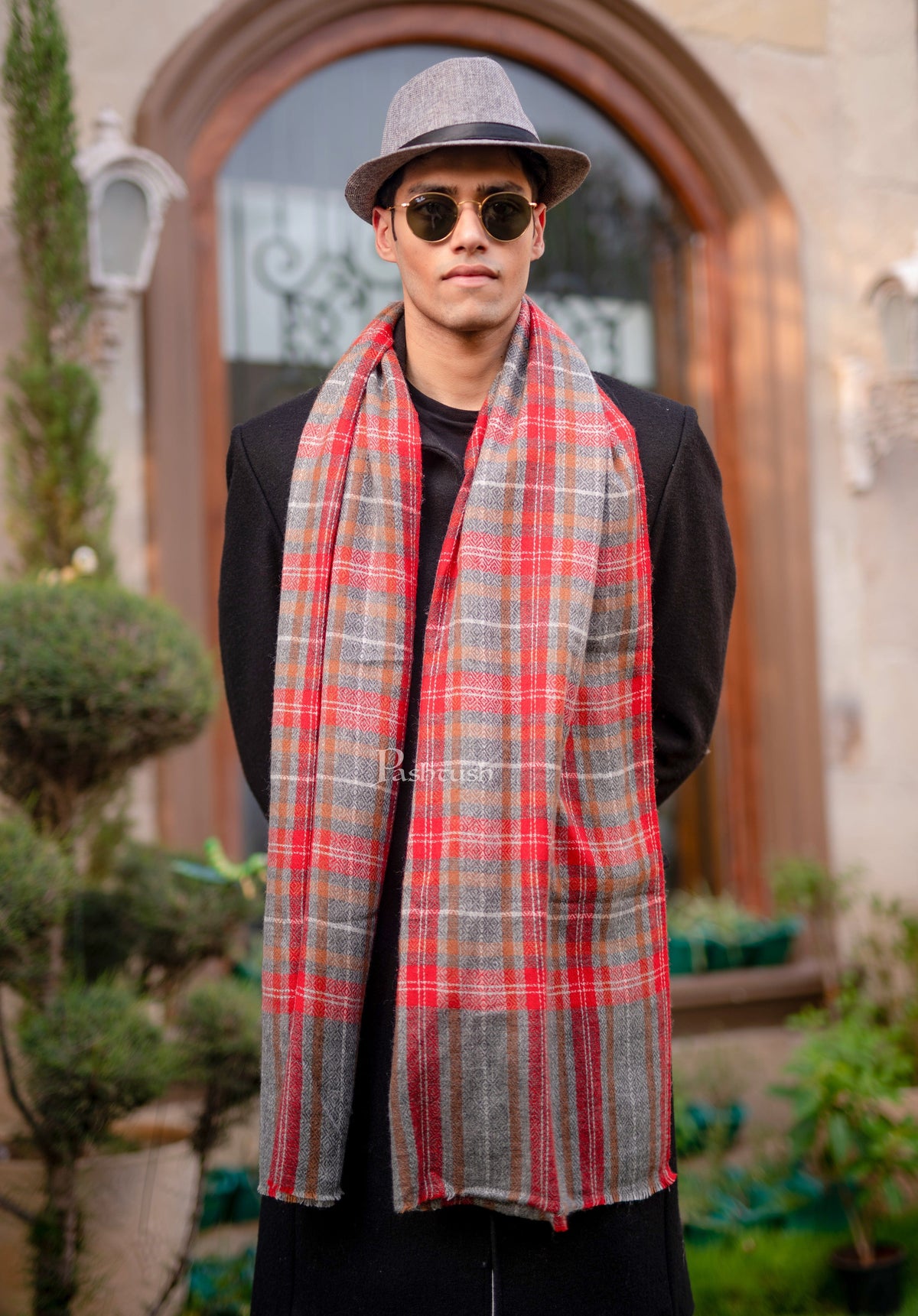 Pashtush India Mens Scarves Stoles and Mufflers Pashtush Woven Mens Fine Wool Stole, Check-Stipe Design, Red and Grey