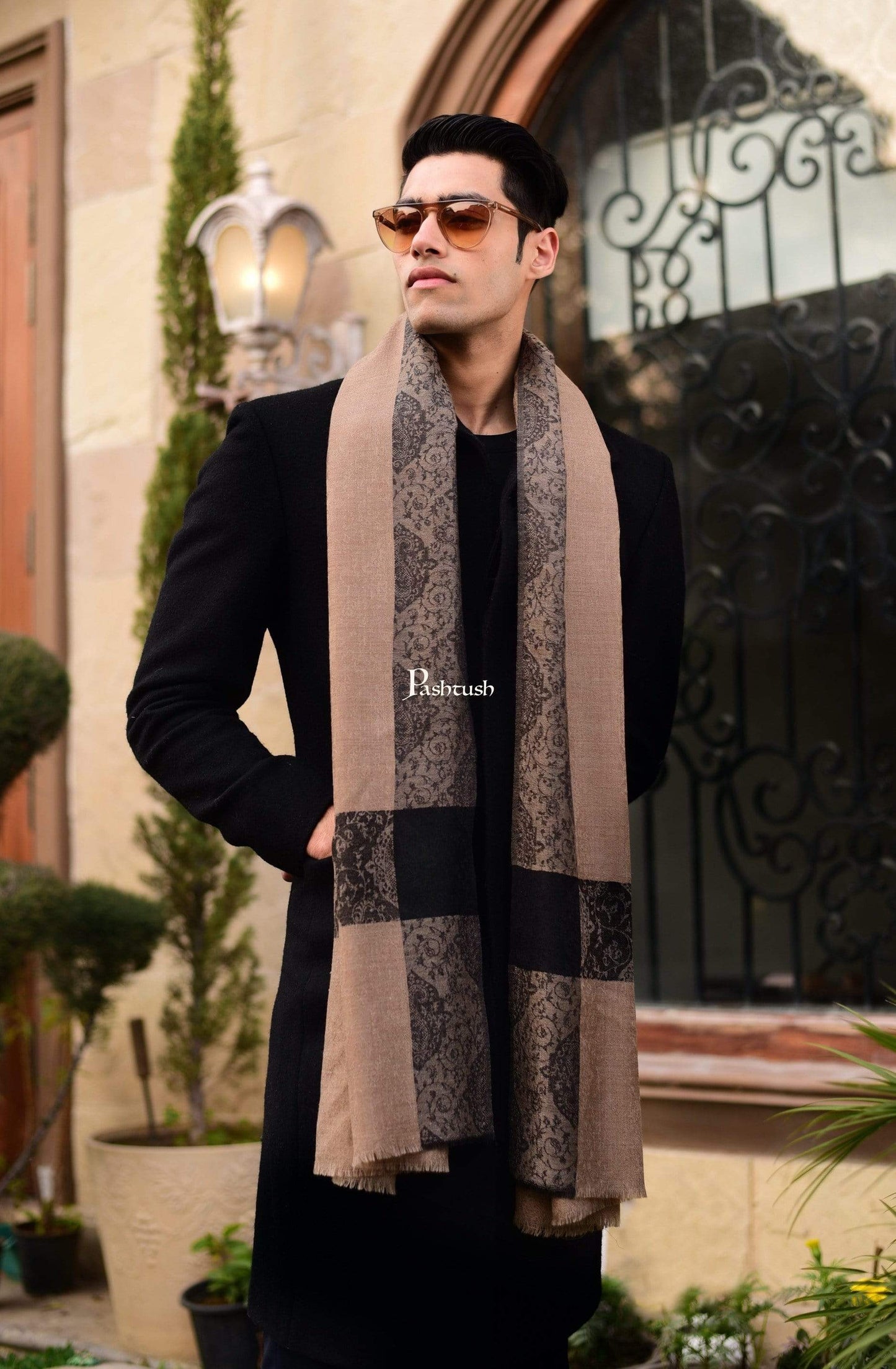 Pashtush India 70x200 Pashtush Woven Mens Pashmina Stole, Jacquard Weave, Mens Muffler, Warm Cashmere Feel