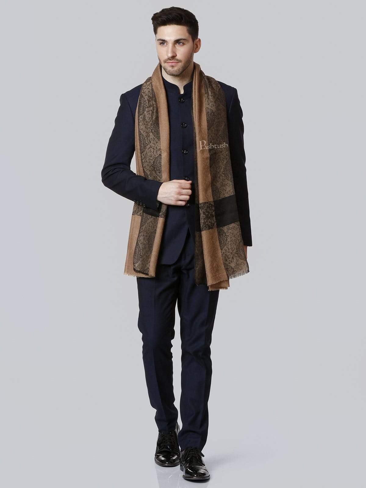 Pashtush India 70x200 Pashtush Woven Mens Pashmina Stole, Jacquard Weave, Mens Muffler, Warm Cashmere Feel