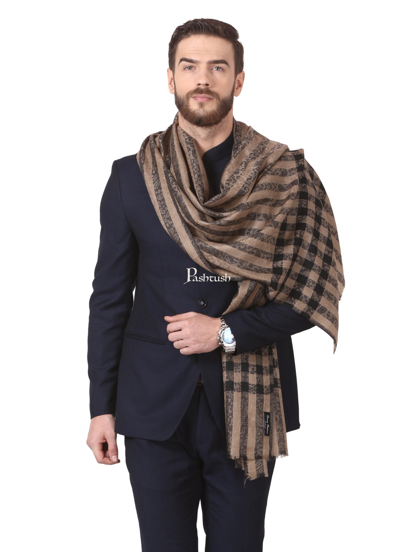 Pashtush India Mens Scarves Stoles and Mufflers Pashtush Woven Mens Stole, Check-Stripe Design, Mens Muffler, Warm Cashmere Feel (Black)