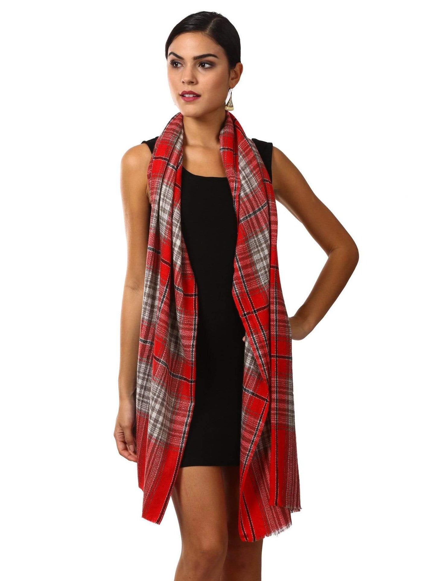 Pashtush Cashmere Wool Blended Plaid Muffler - Red And Beige Plaid