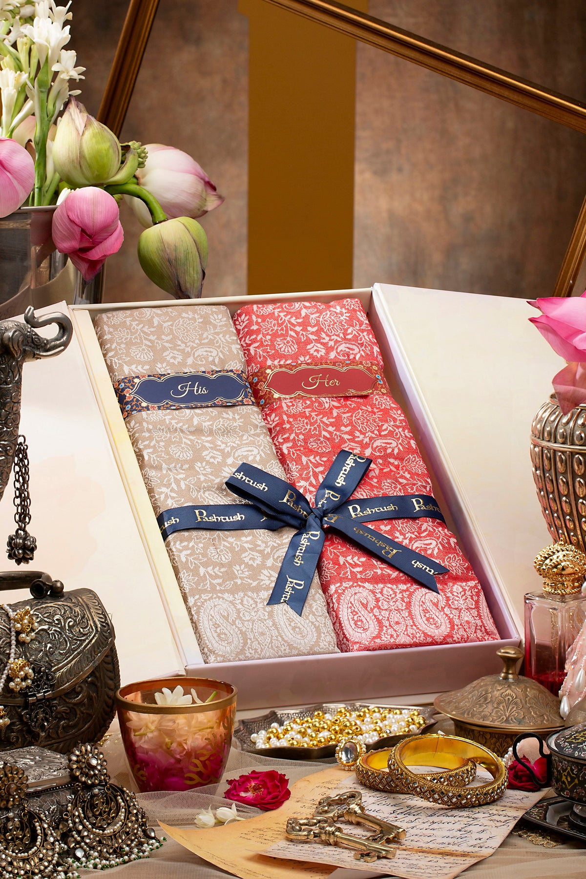 Pashtush India Gift Pack Pashutsh His and Her Set of Bamboo Stoles with Premium Gift Box Packaging, Taupe and Red