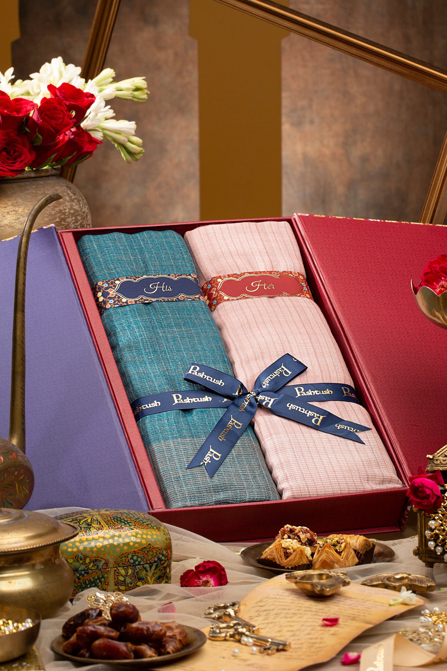 Pashtush India Gift Pack Pashutsh His and Her Set of Mens Cashmere Stole and Womens Extra Fine Wool Stole with Premium Gift Box Packaging, Arabic Sea Green and Pink